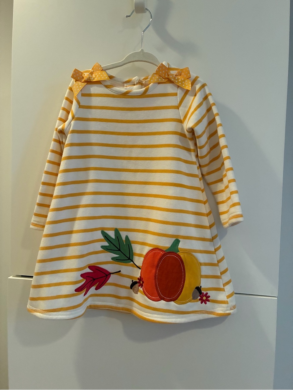 Good Lad Yellow and White Stripe Fall Dress with Pumpkin Appliqué - 3T